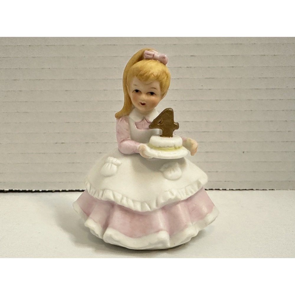 Vintage Hand Painted Lefton- Bisque Girl in Pink Dress "4" Birthday Figurine